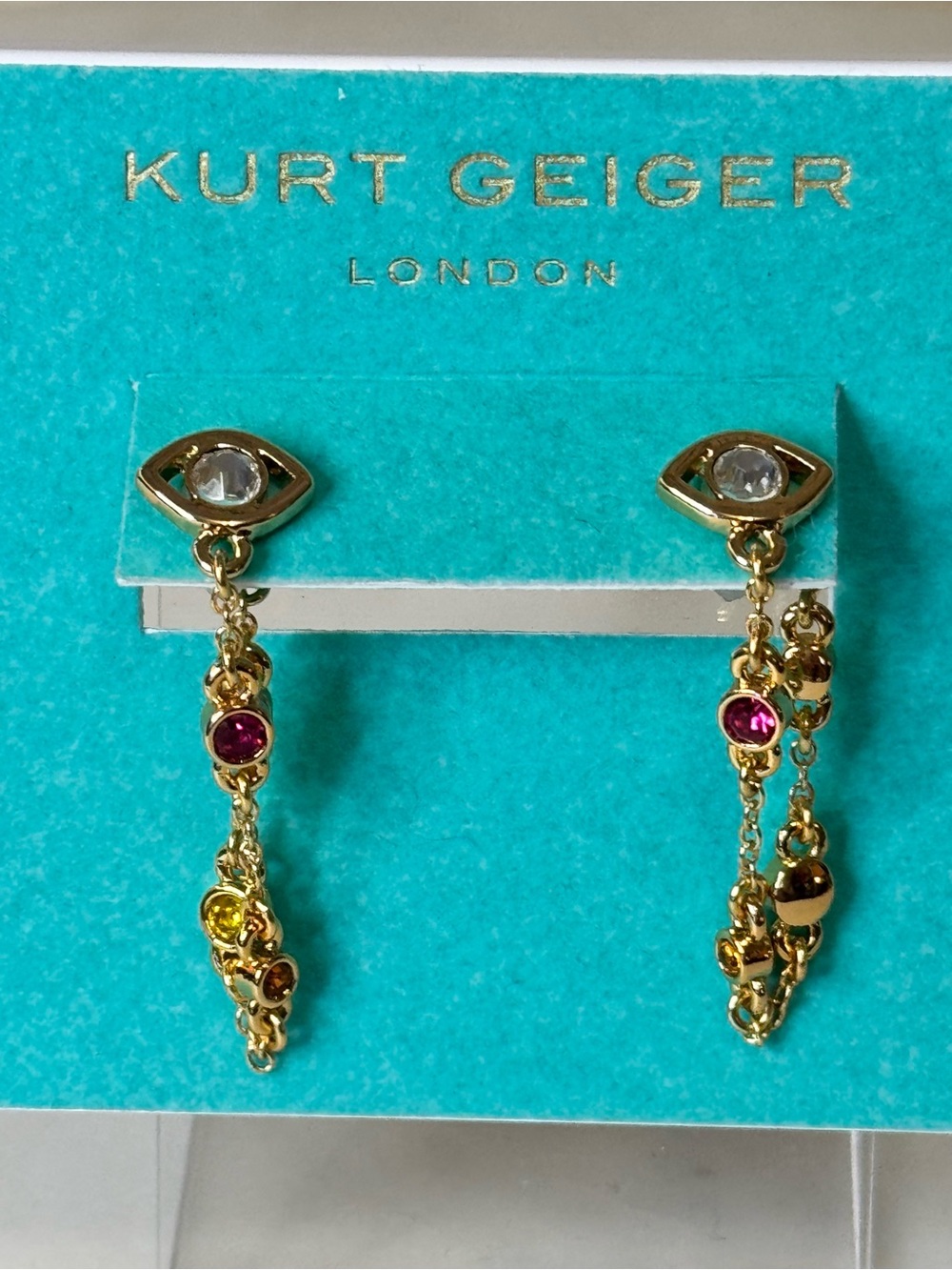Kurt Geiger Gold-Tone Chain Drop Earrings with Pink and Yellow Stones NEW - Picture 2 of 2